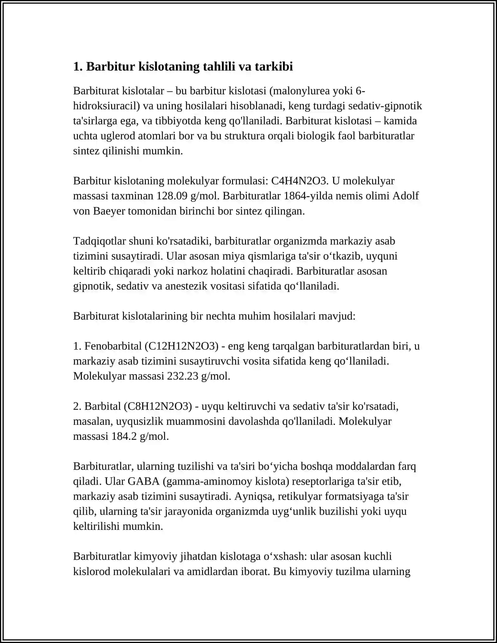 BARBITUR KISLOTA VA UNING ASOSIDA OLINGAN DORI VOSITALARI 3