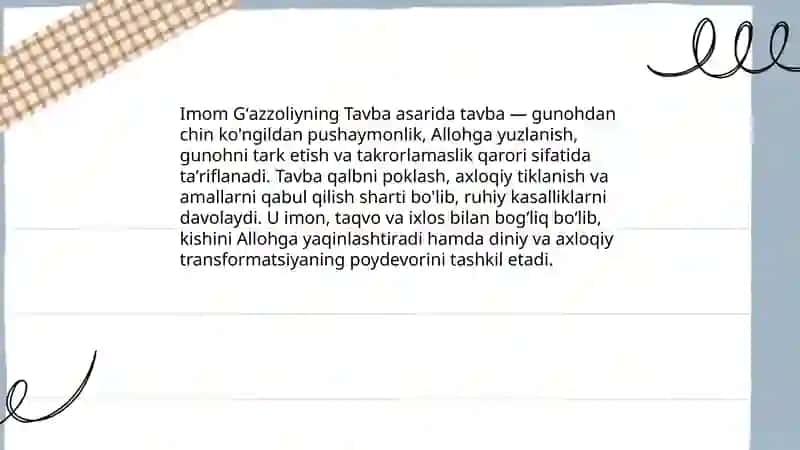 Gʻazzoliyning Tavba asari asosida " Din va axloq " 3