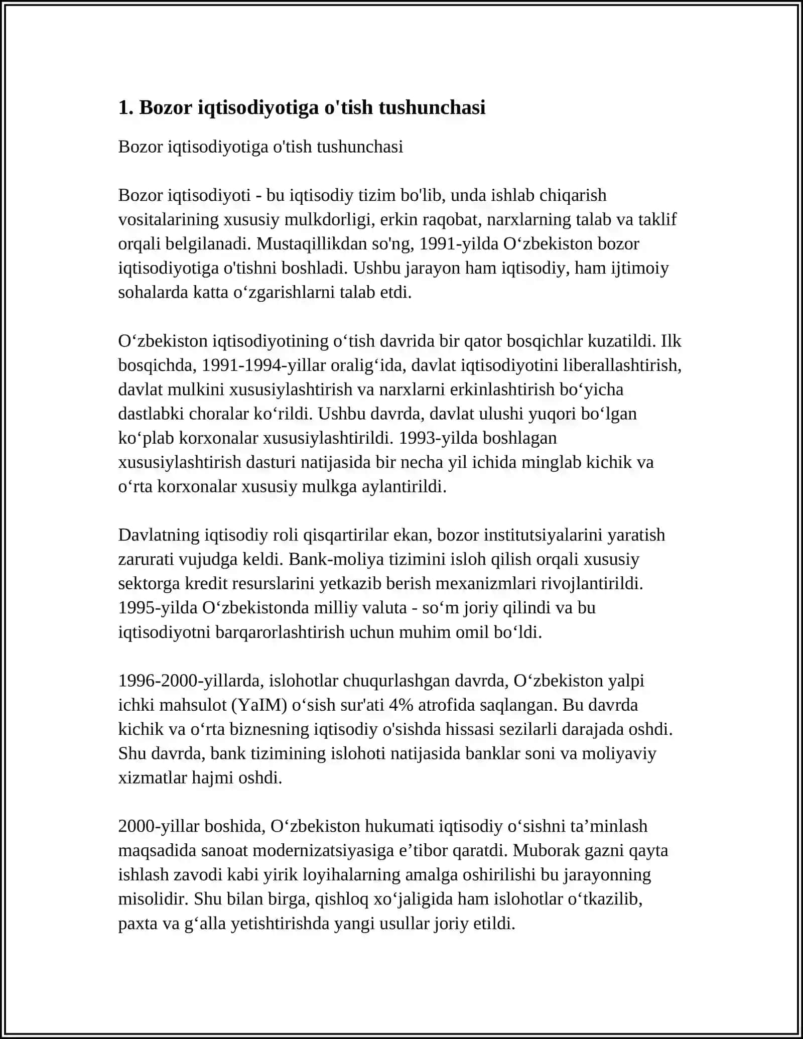 O'ZBEKISTON RESPUBLIKASI OLIY TA’LIM FAN VA INNOVATSIYA VAZIRLIGI BOZOR IQTISODIYOTIGA O'TISHNING O'BEK MODELI VA UNING O'ZIGA XOS XUSUSIYATLARI MUSTAQIL ISH 3