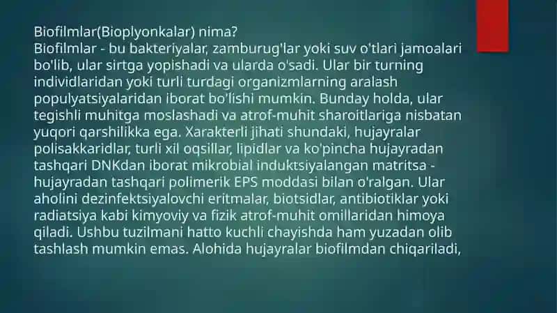 BAKTERIYALARNING BIOPLYONKA HOSIL QILISHI.UNING PRAKTIK AHAMIYATI 3