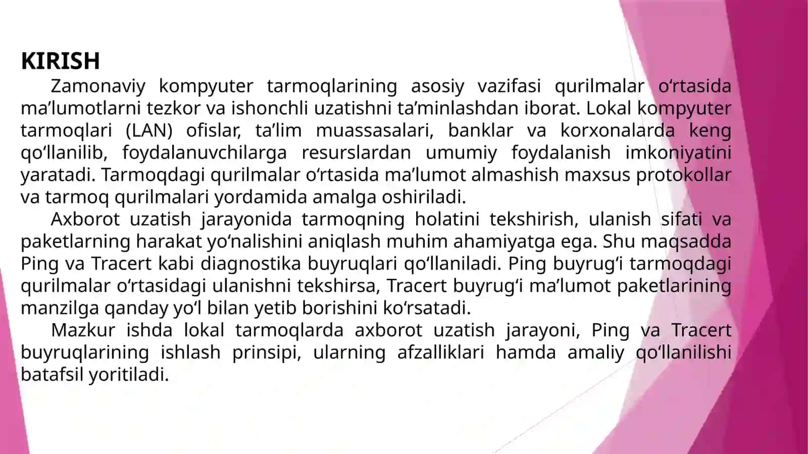 Lokal kompyuter tarmoqlarida axborotni uzatish. Ping va Tracert buyruqlari. 3