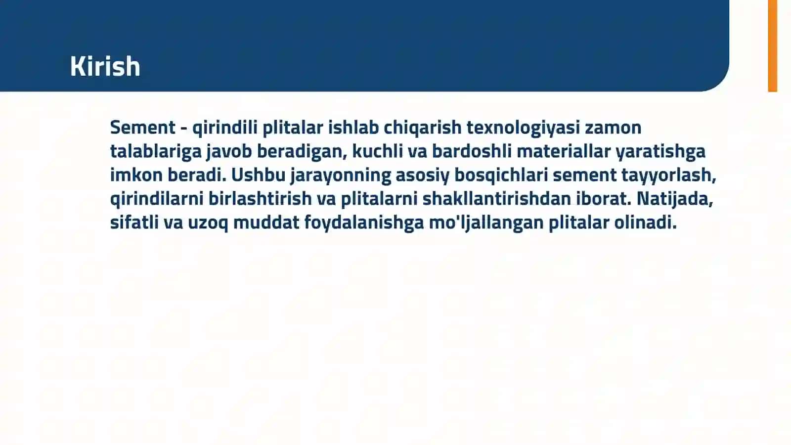 Sement - qirindili plitalar ishlab chiqarish texnologiyasi 3