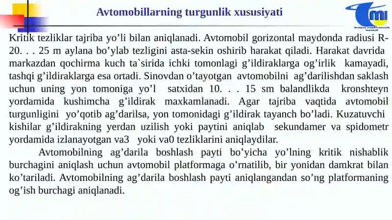 Avtomobilning turg’unlik xususiyati 3