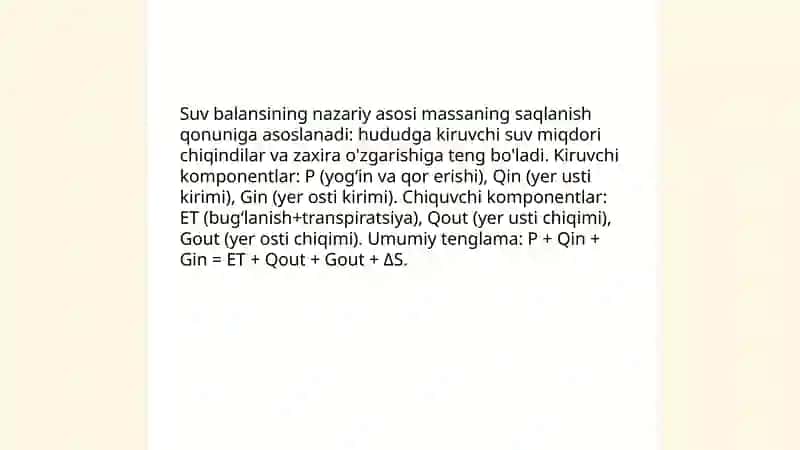 Suv balansini tuzish, suv resurslarini xlsoblash 3