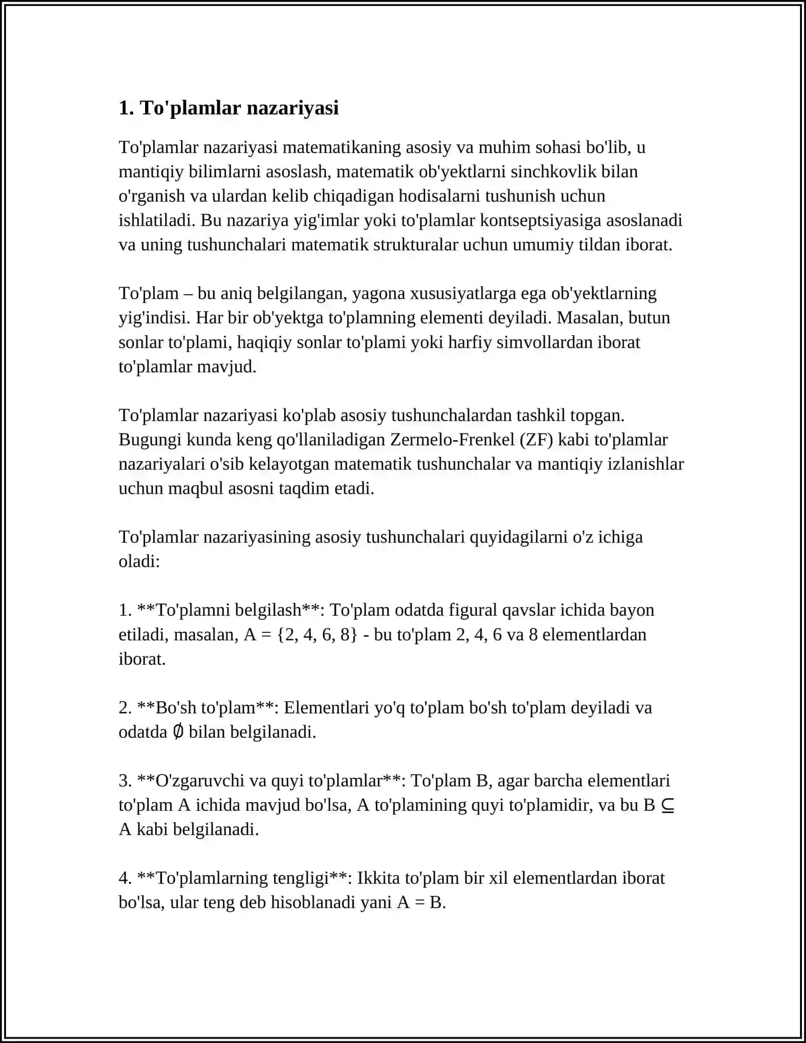 TO'PLAMLAR.TO'PLAMLAR USTIDA AMALLAR.EYLER-VENN DIAGRAMMALARI.DEKART KOPAYTMASI 3