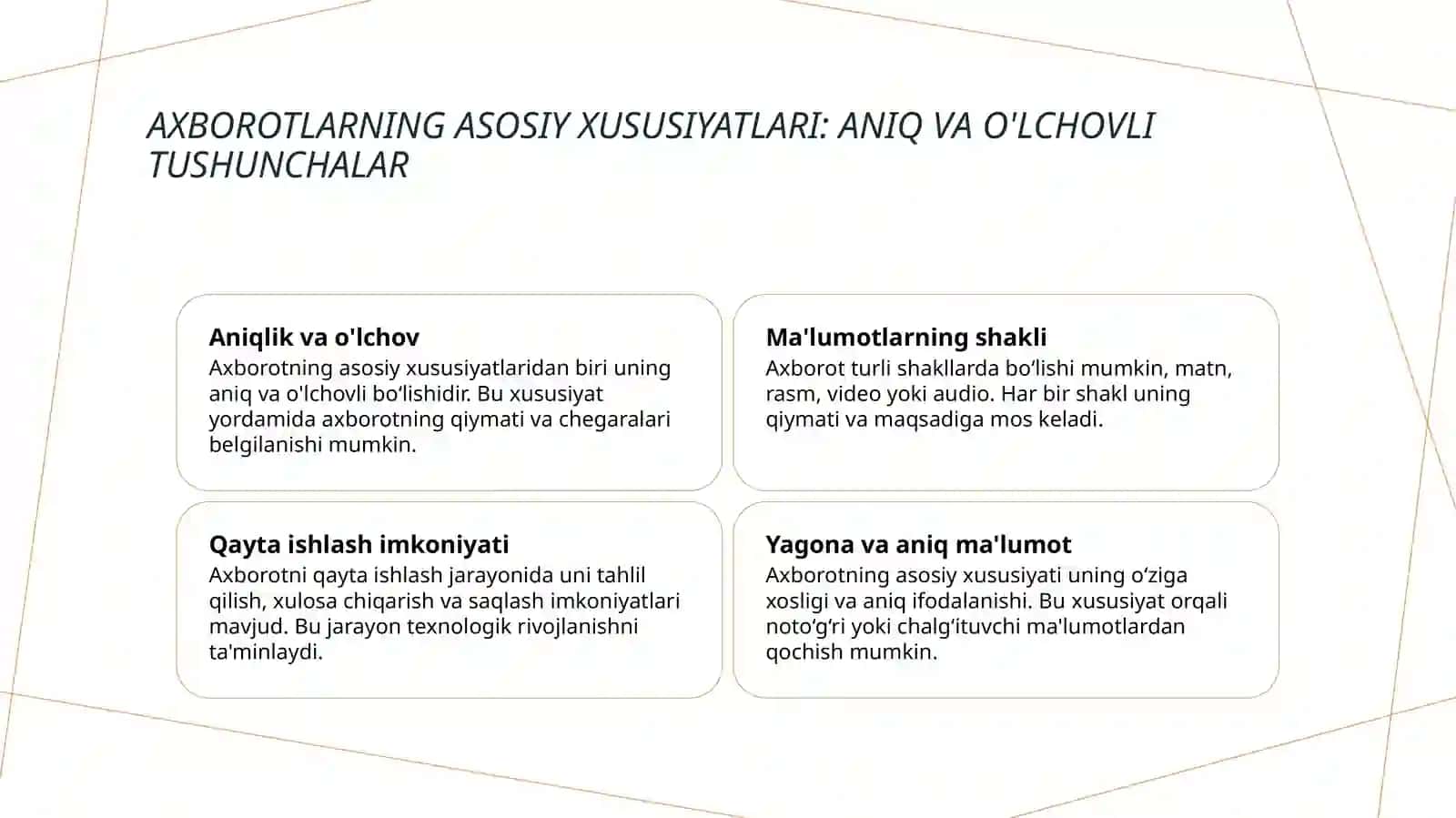 Axborotlarning asosiy xususiyatlari va tavsivnomasi 3