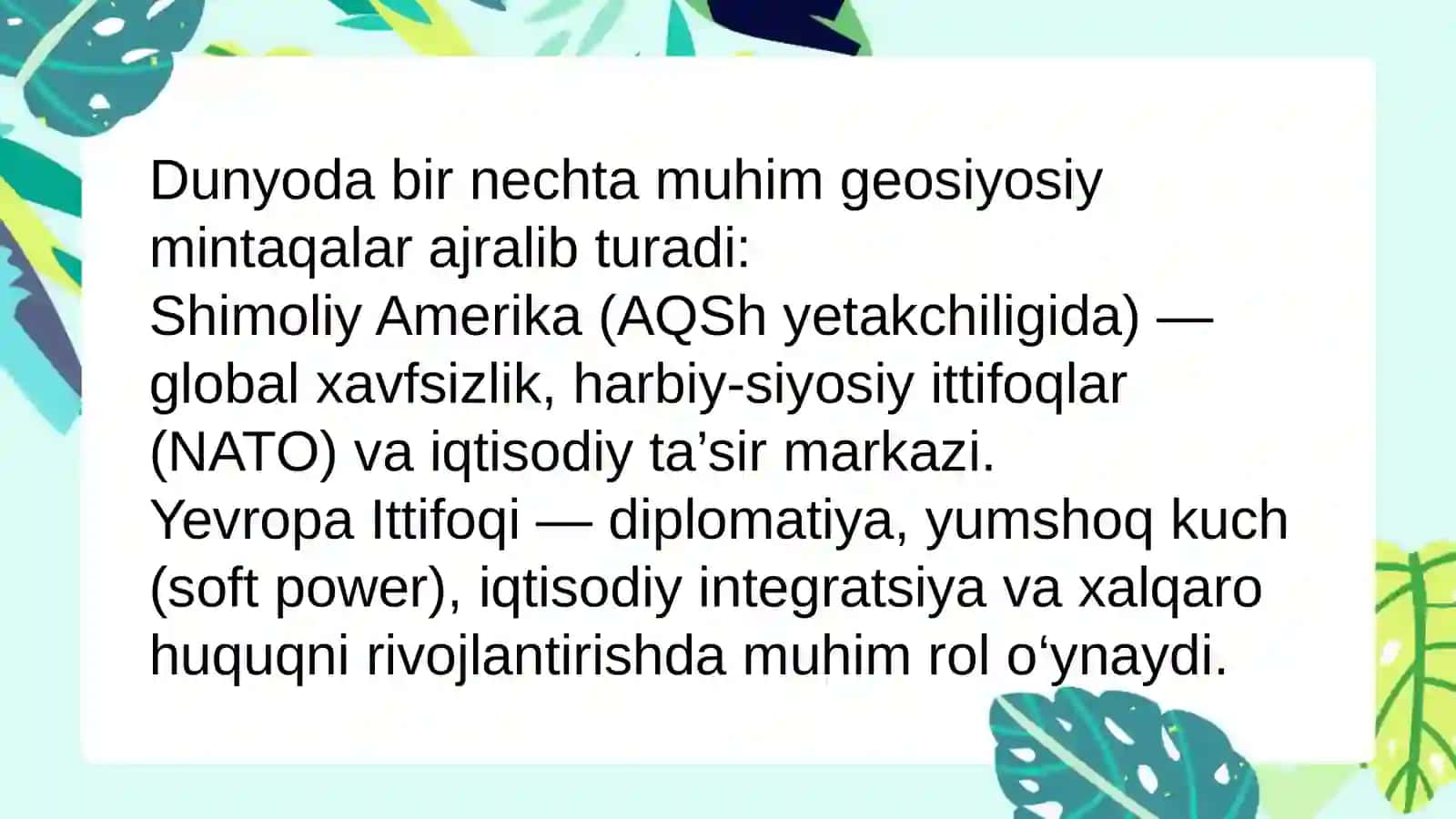 Geosiyosiy mintaqalar va ularning global siyosiy jarayonlarga ta'sirini baholash 3