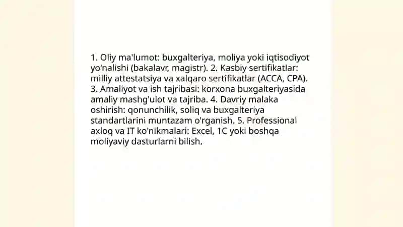 Buxgalter kasbiga qo'yiladigan talablar 3