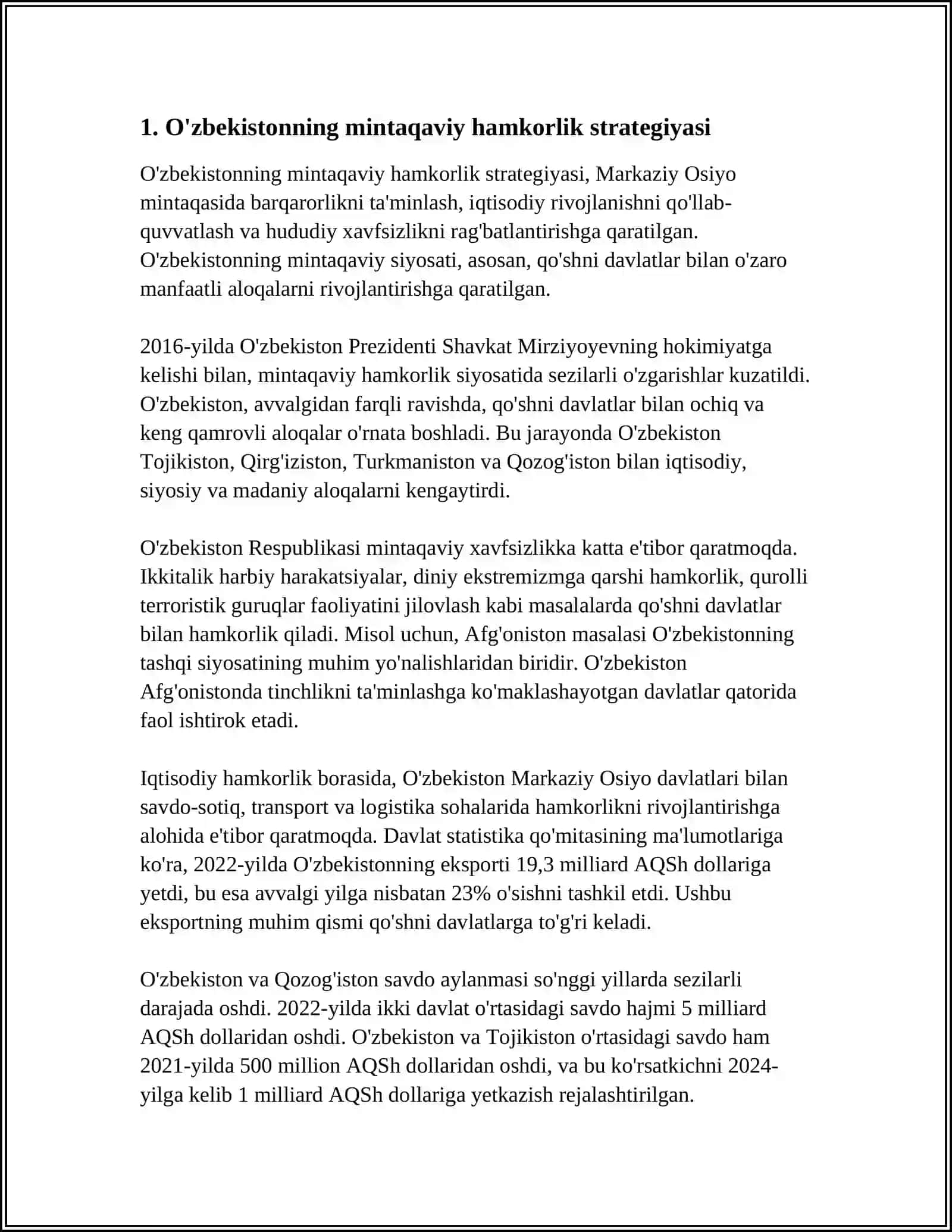 O'ZBEKISTONNIN MARKAZIY OSIYODA TINCHLIK VA BARQARORLIKNI TAMINLASHDAGI O'RNI 3