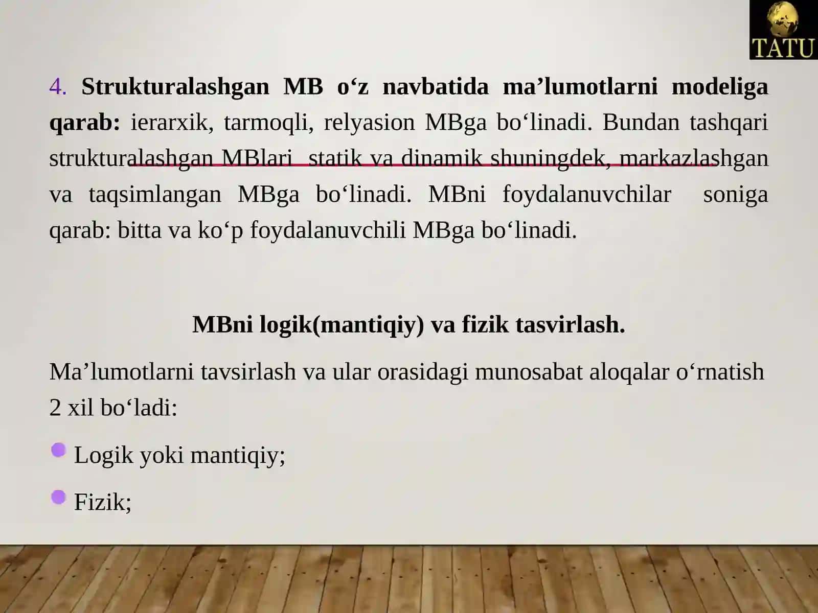 MA’LUMOTLAR BAZASINI SINFLARGA AJRATISH 3