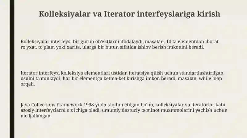 Kolleksiyalar va Iterator interfeyslariga kirish 3