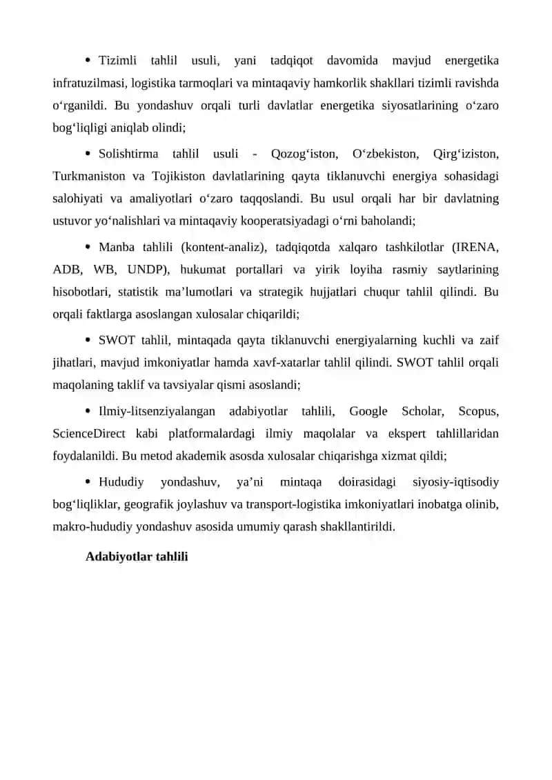 MARKAZIY OSIYO DAVLATLARIDA QAYTA TIKLANADIGAN ENERGIYA MANBALARI BORASIDA HAMKORLIK IMKONIYATLARI VA UNDAGI LOGISTIKASINING AHAMIYATI 3
