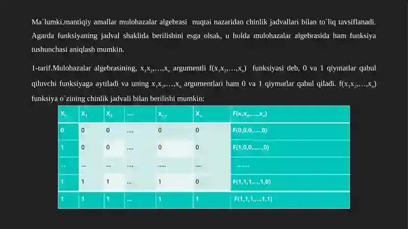 Mulohazalar algebrasi funksiyalari. Funksiyalar teng kuchliligi. Funksiyalar superpozitsiyasi 3
