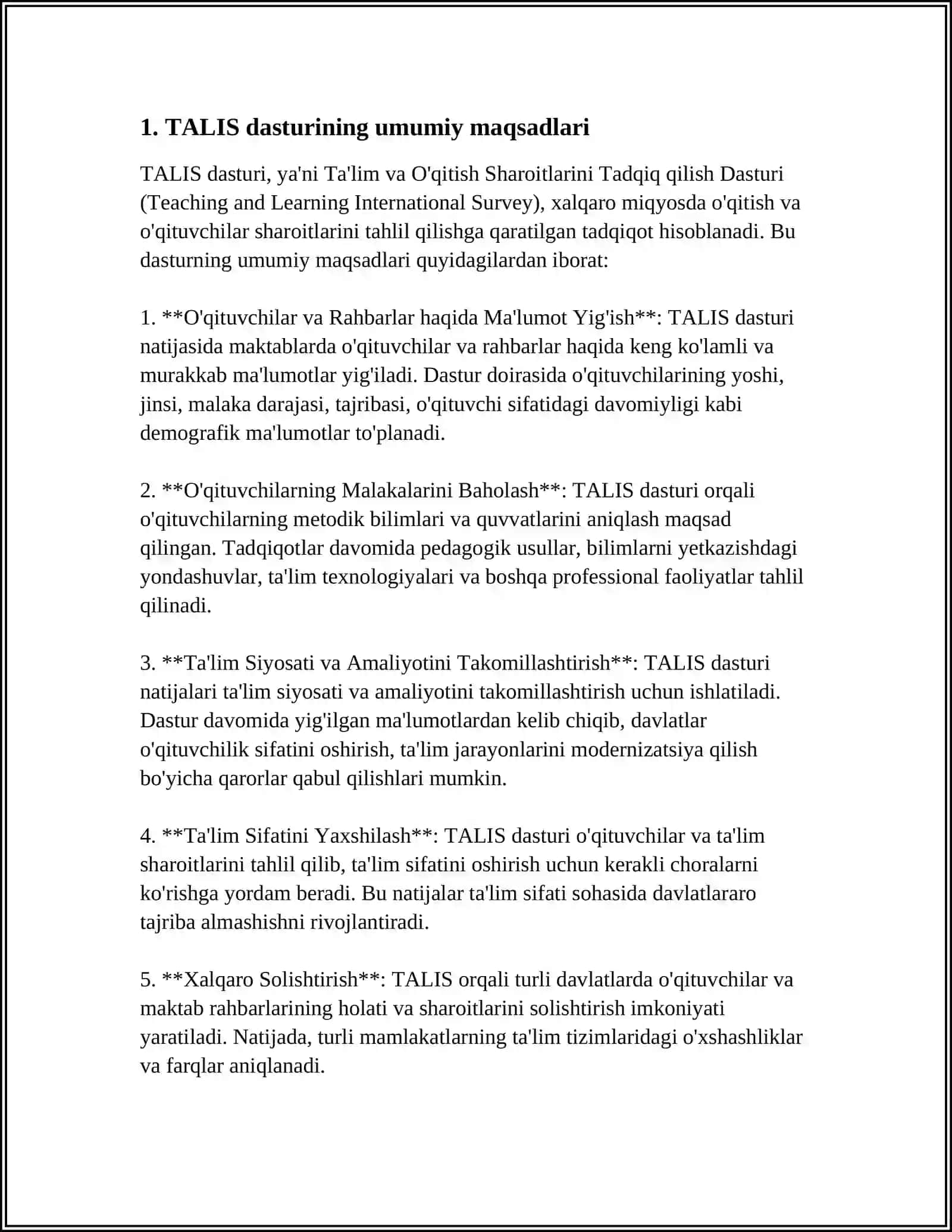 TALIS XALQARO BAXOLASH DASTURI MAZMUN MOHIYATI 3