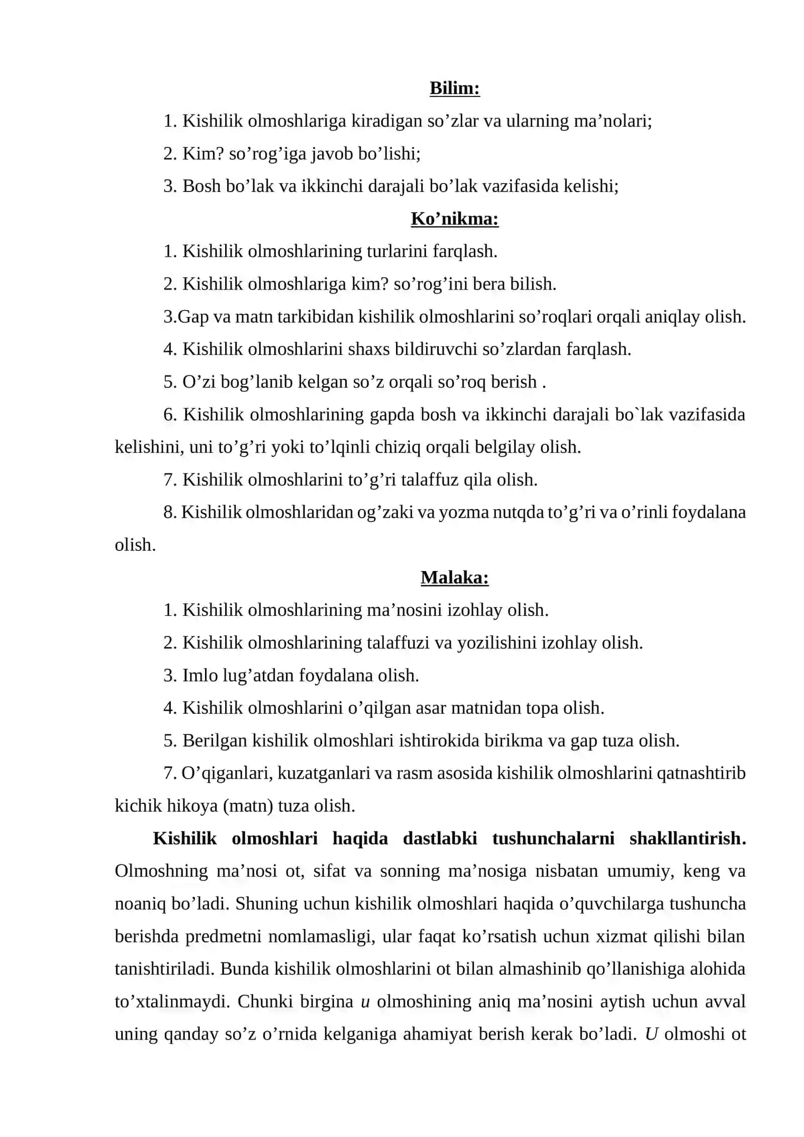 Olmoshni o’rganish darslari reja va ishlanmasini tuzish 3