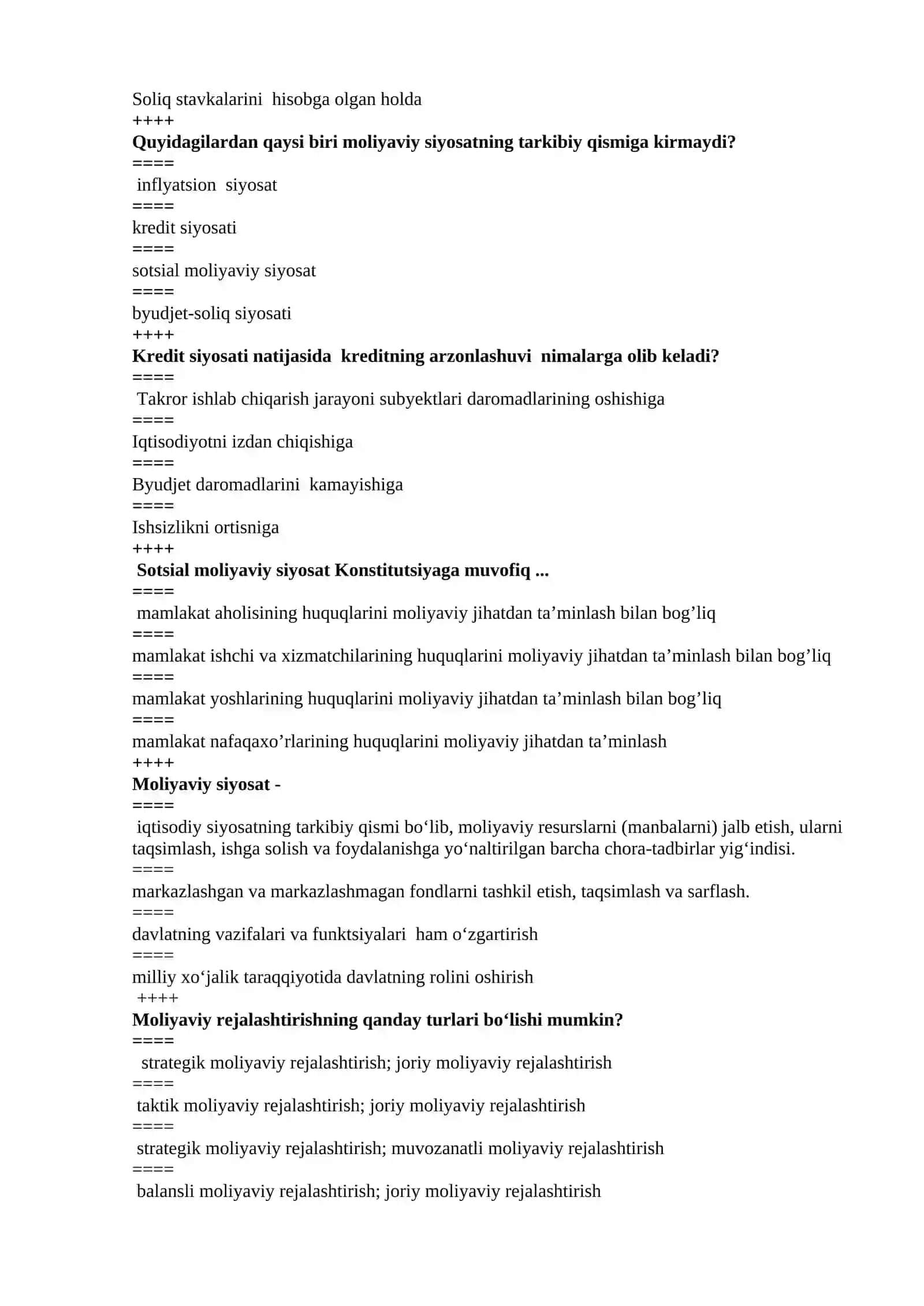Moliya fanidan test savollari 3