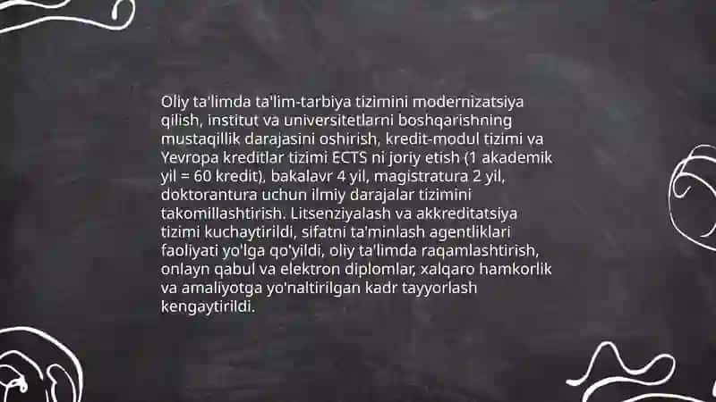 O'zbekiston Respublikasida oliy ta'lim tizimida amalga oshirilgan islohotlar 3