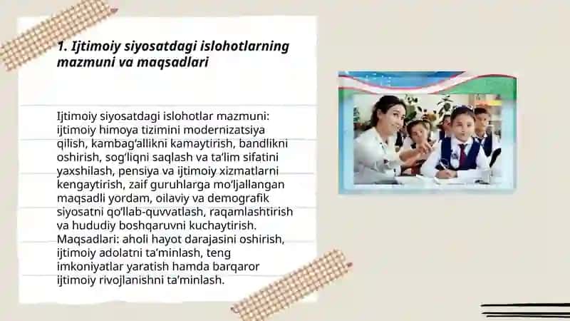 Oʻzbekistonda ijtimoiy sohada amalga oshirilayotgan oʻzgarishlar mazmun va mohiyati 3