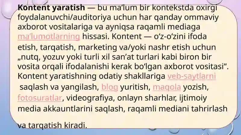 Media kontent yaratish va undan foydalanish. Media matnlarni yaratish 3