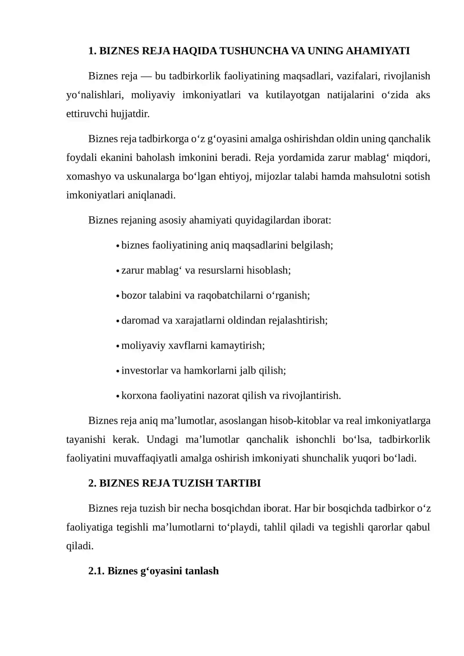 BIZNES REJA TUZISH TARTIBI VA UNING TARKIBIY QISMLARI 3