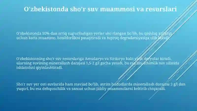Oʻzbekiston sharoitida shoʻr suvni chuchuklashtirish 3