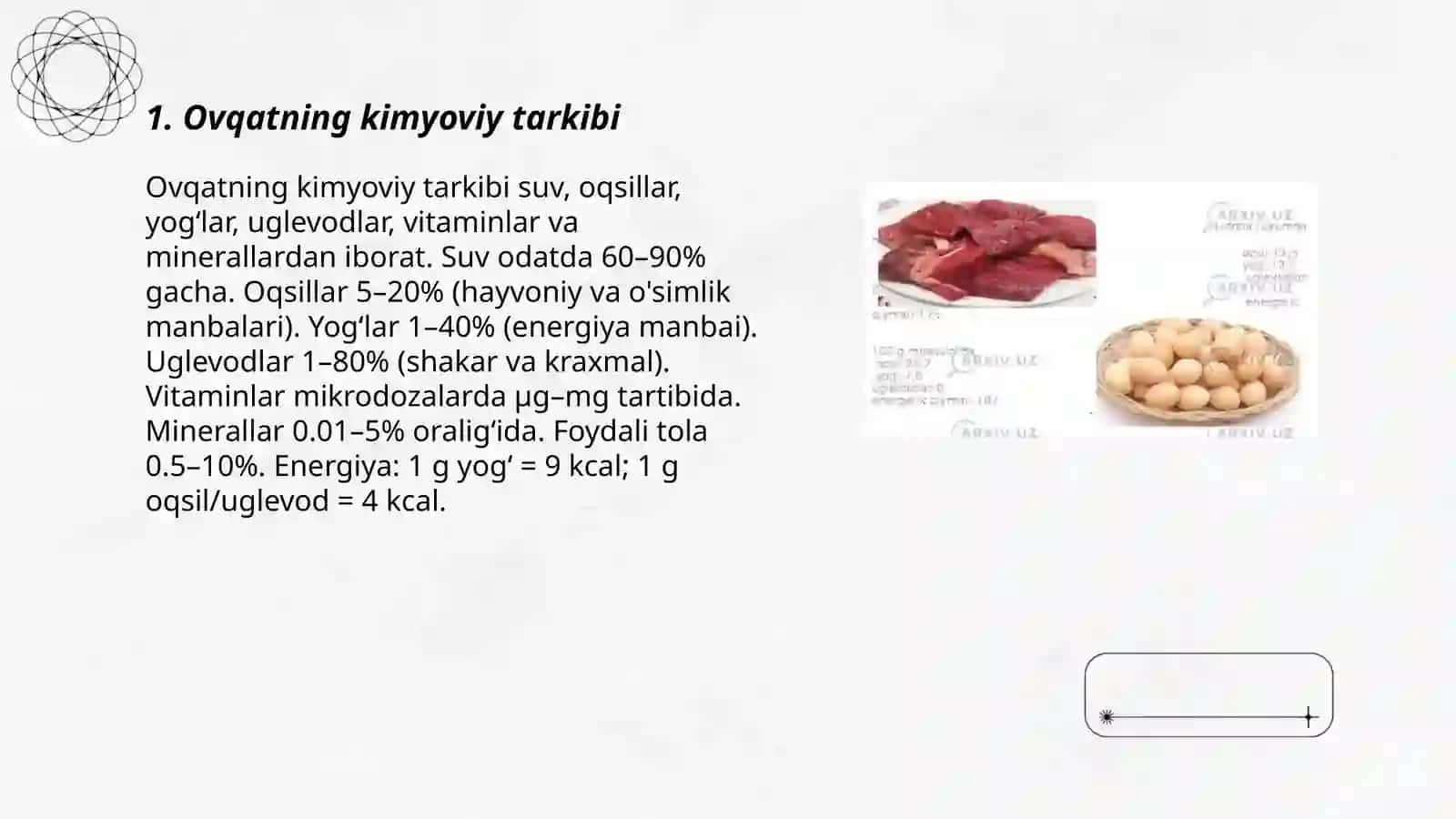 Ovqat va uning tarkibi Bajardi:Yallayeva Asila 202-guruh 3