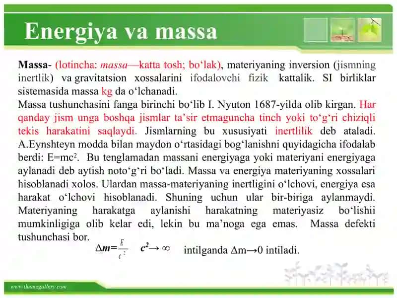 Maydon tushunchasi va xillari. Energiya va massa o’rtasidagi bog’lanish 3