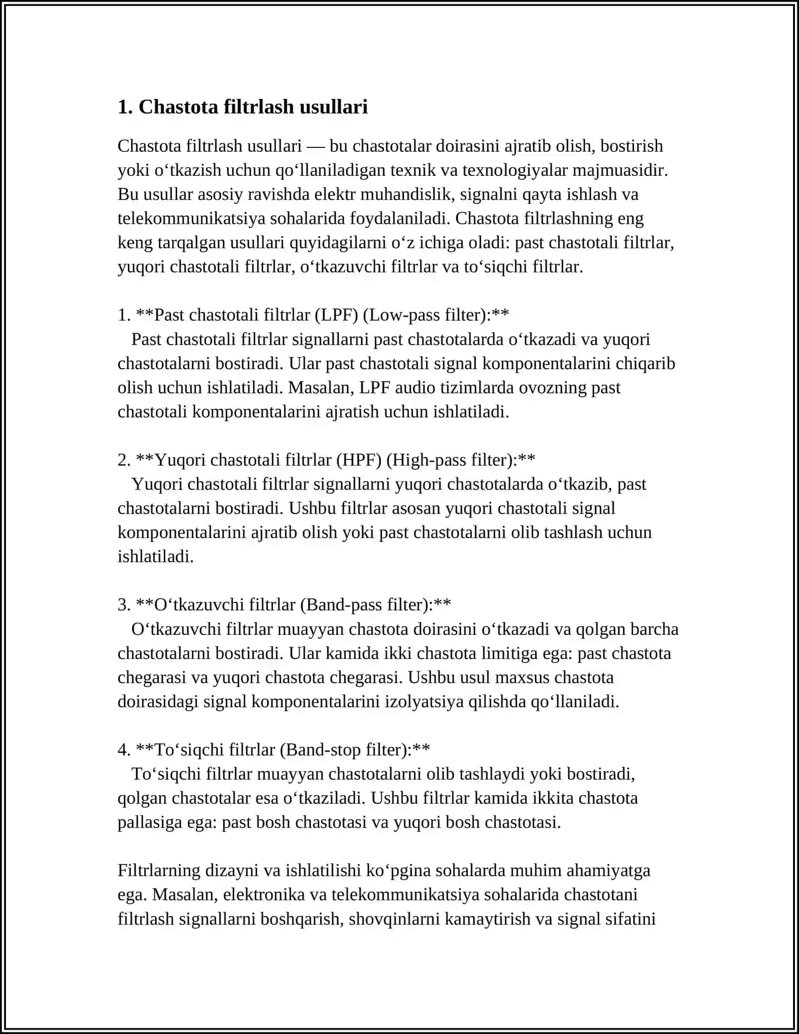 KANAL SIGNALLARINI AJRATISH USULLARI: CHASTOTA BOʻYICHA AJRATISH USULI 3
