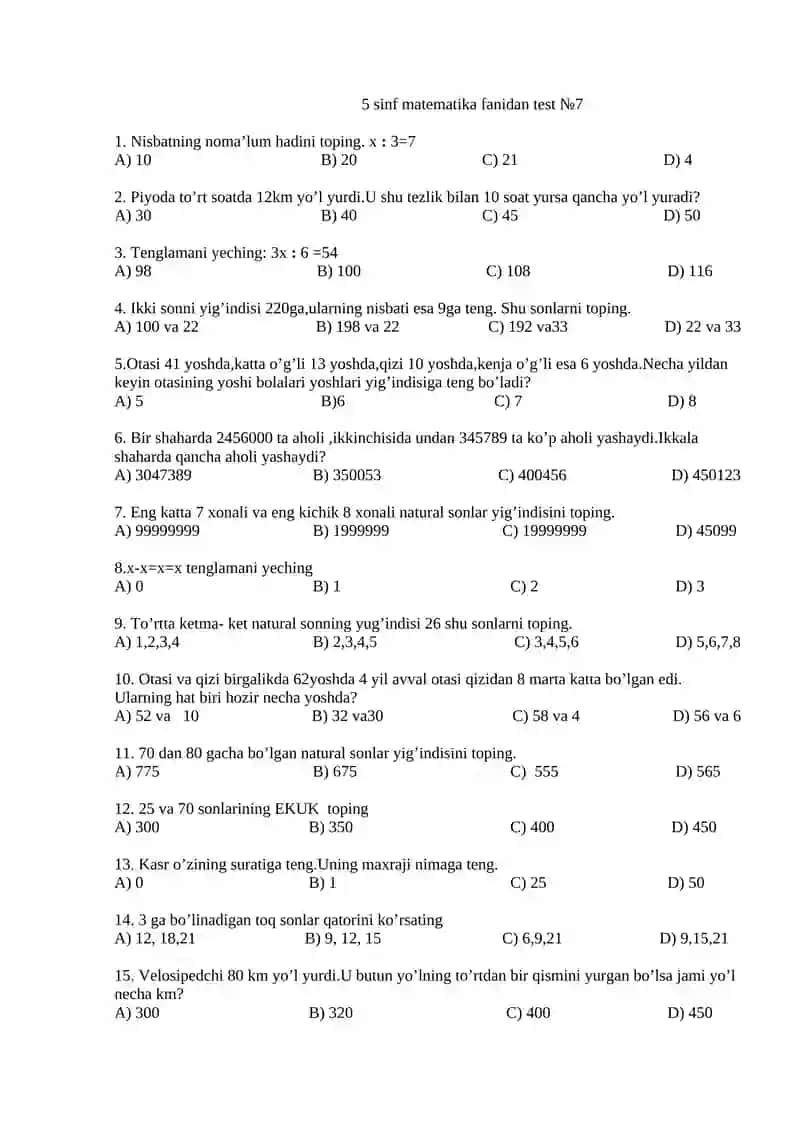 5-SINF UCHUN MATEMATIKADAN TEST 3