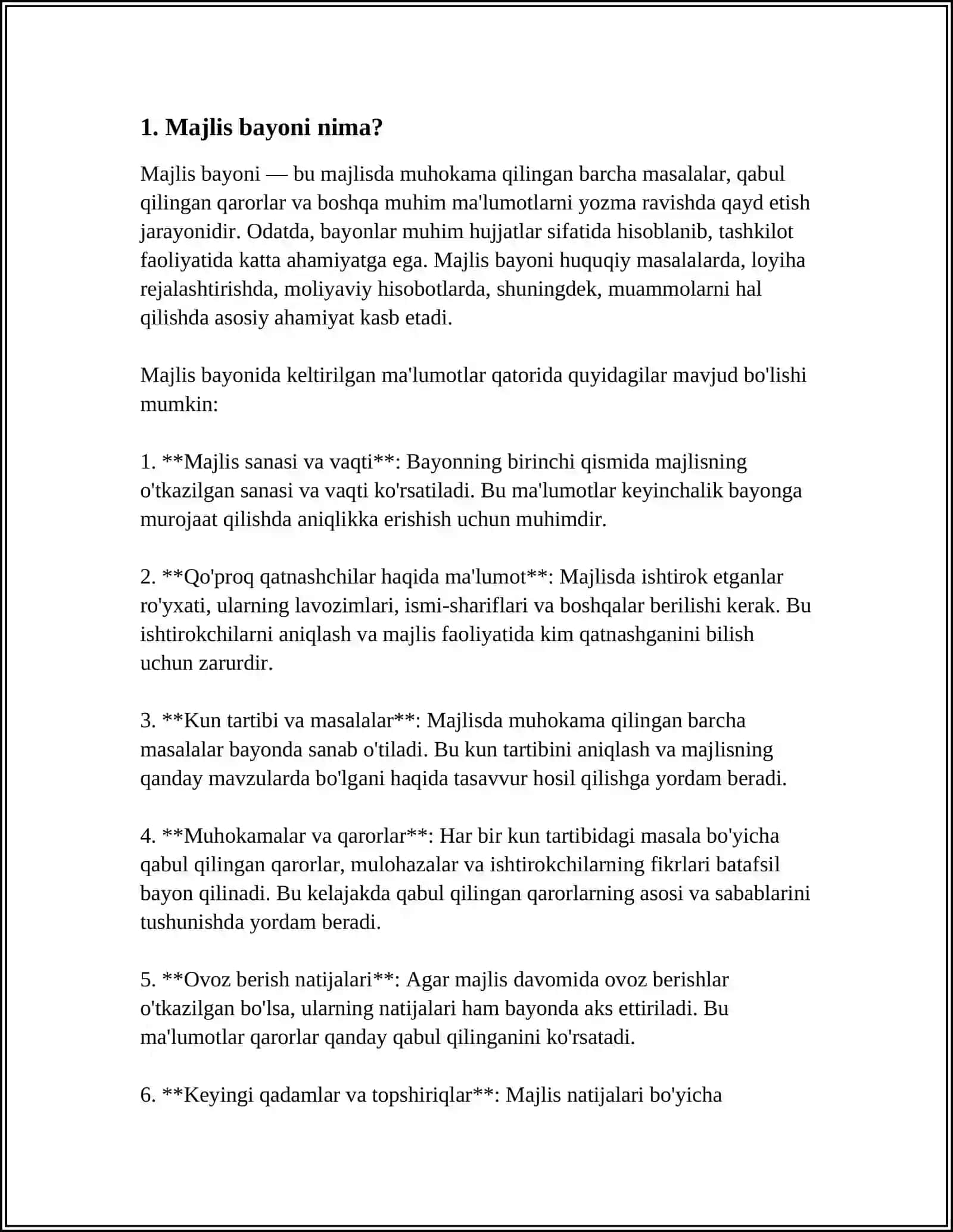 MAJLIS BAYONI, BAYONNOMADAN KOʻCHIRMA TAYYORLASH 3