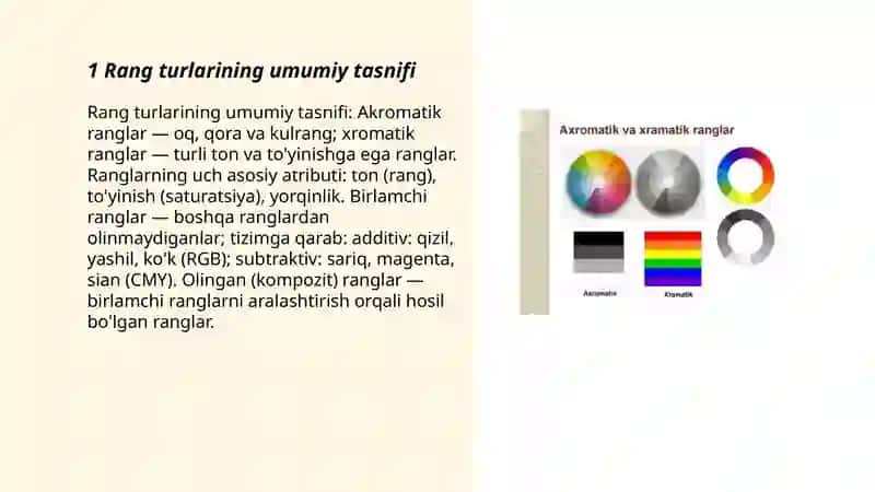 Rang turlari. Akromatik va xromatik ranglar. Rang doirasi. Birlamchi va olingan (kompozit) ranglar 3