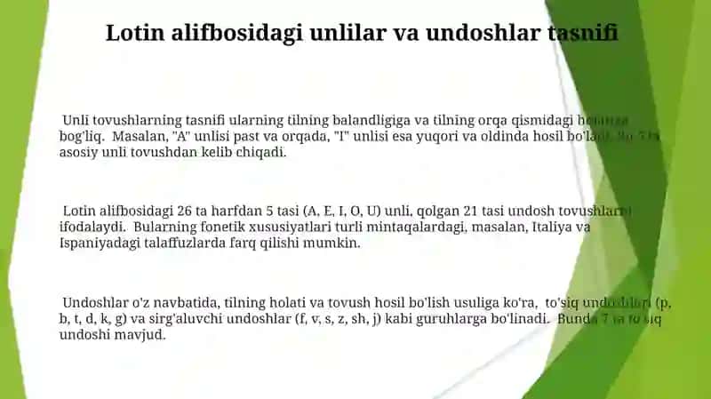 Lotin alifbosi unli va undosh harflar tasnifi 3