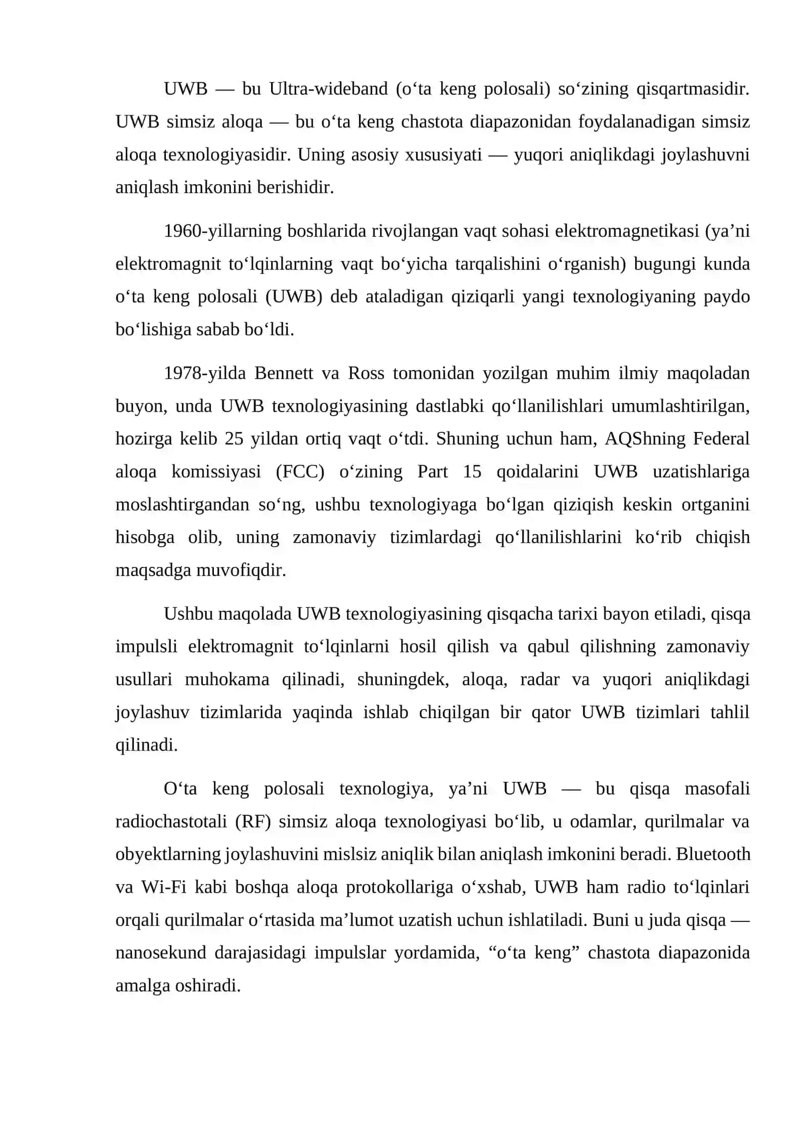 O‘ta keng polosali signallardan (UWB) foydalaniladigan ma’lumotlarni uzatish texnologiyasi 3