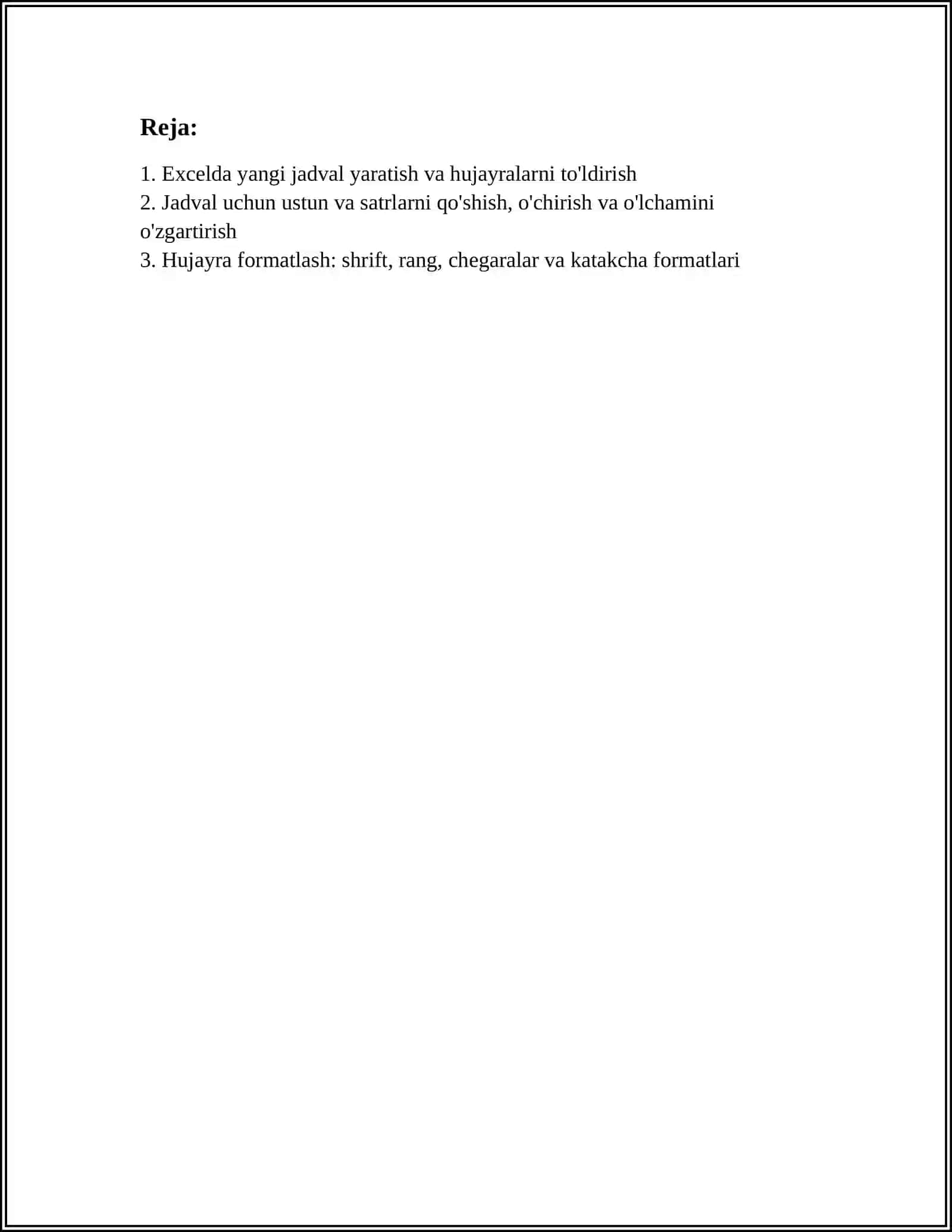 EXCEL DASTURIDA JADVAL HOSIL QILISH VA UNING USTIDA ISHLASH 3