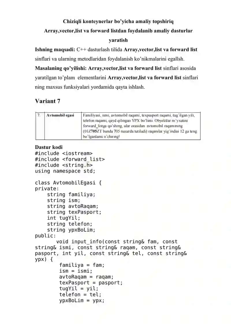 Chiziqli konteynerlar bo’yicha amaliy topshiriq Array,vector,list va forward listdan foydalanib amaliy dasturlar yaratish 3
