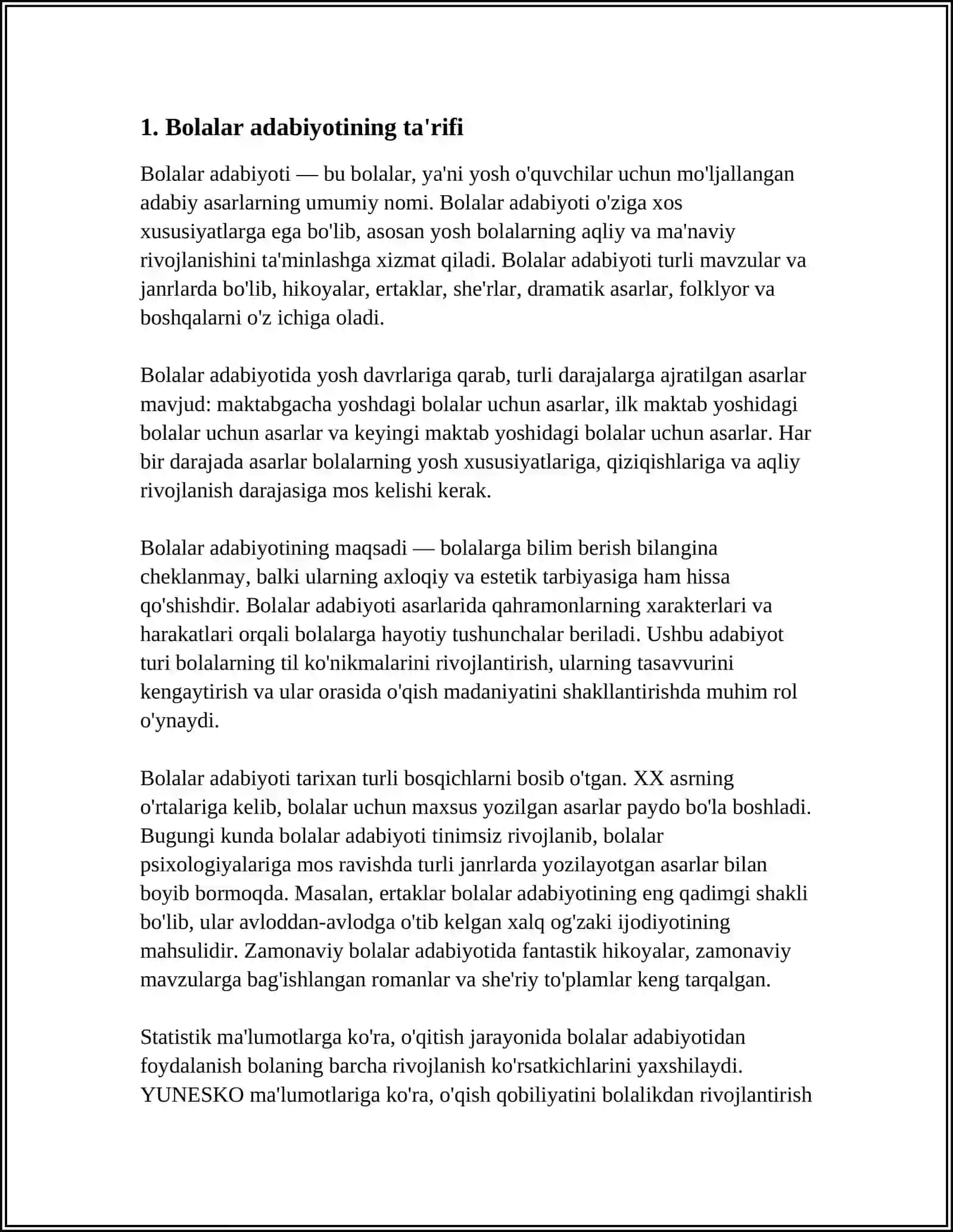BOLALAR ADABIYOTI FANINING MAQSAD VA VAZIFALARI. O'ZBEK BOLALAR ADABIYOTI ISTILOHI VA UNING PAYDO BO'LISHI 3