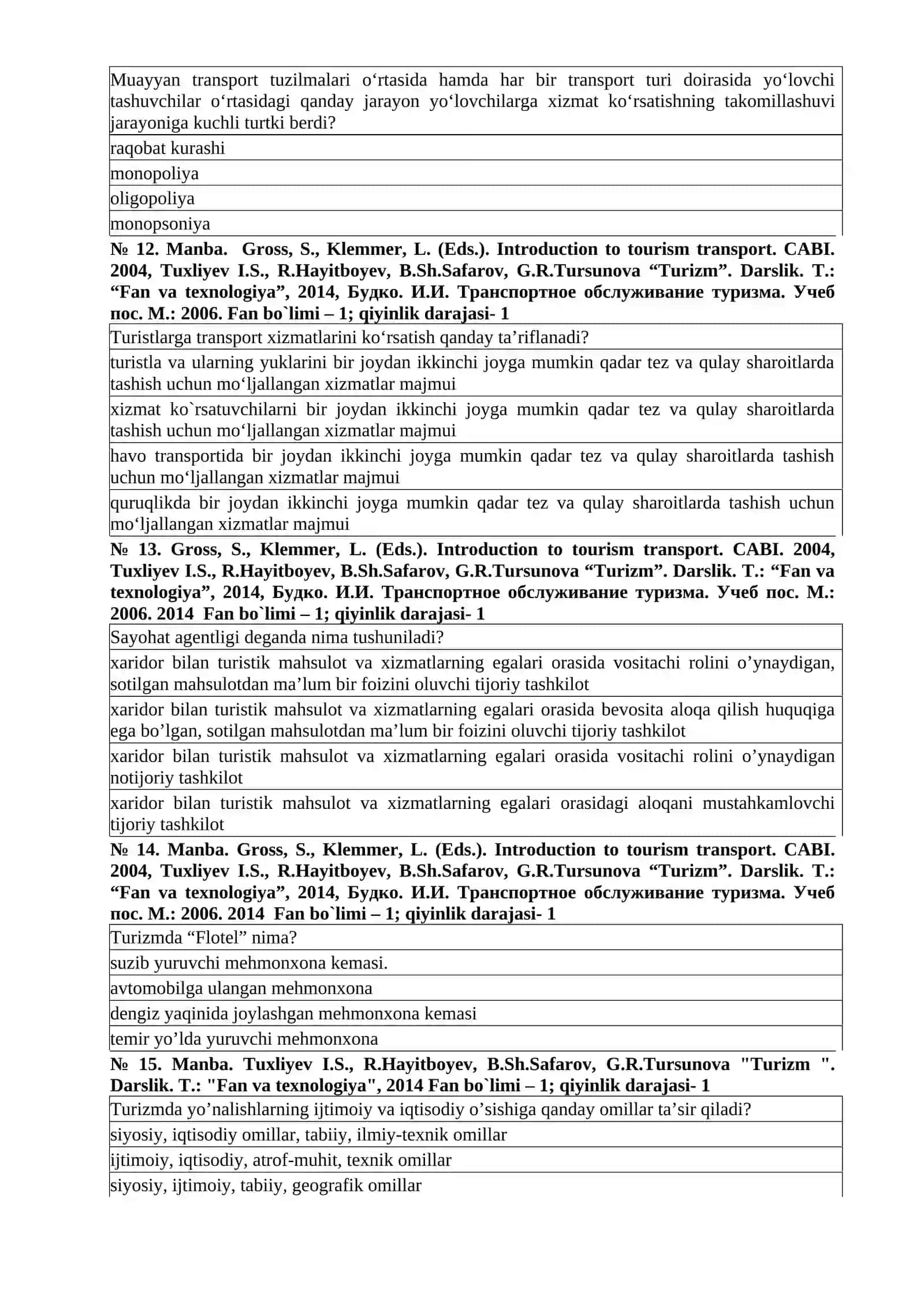 Turizmda TRANSPORT XIZMATLARI fanidan test topshiriqlari 3