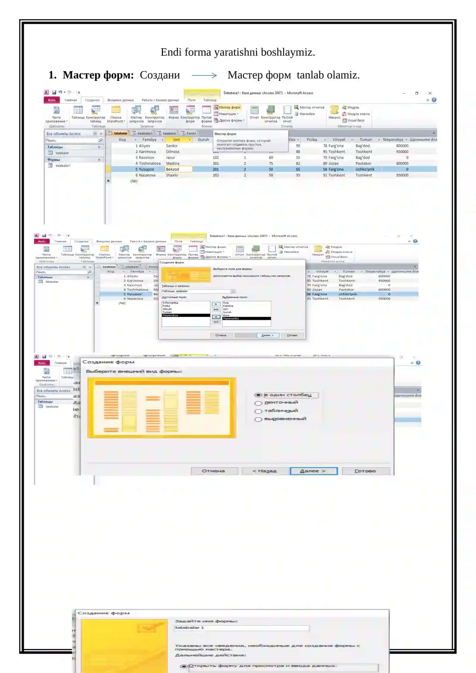 Microsoft Access dasturida shakllar (formalar) yaratish 3