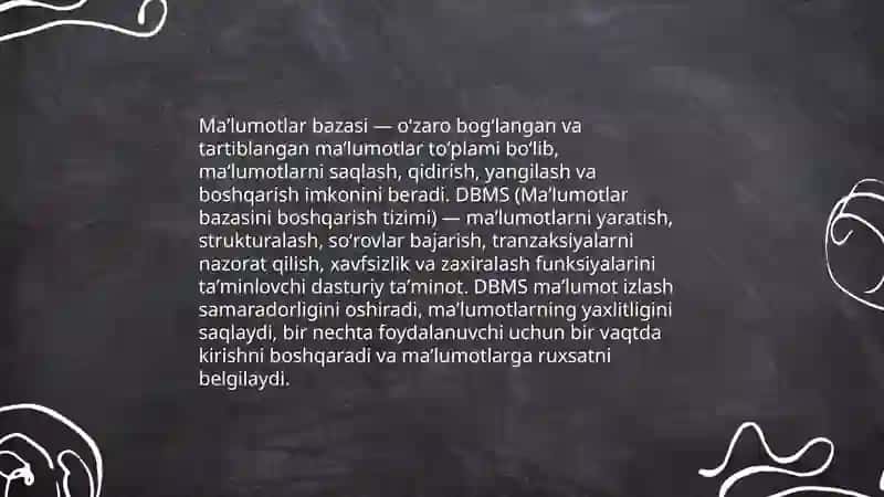 Maʼlumotlar bazasini boshqarish tizimlari Ibodullayeva Shahnoza 3