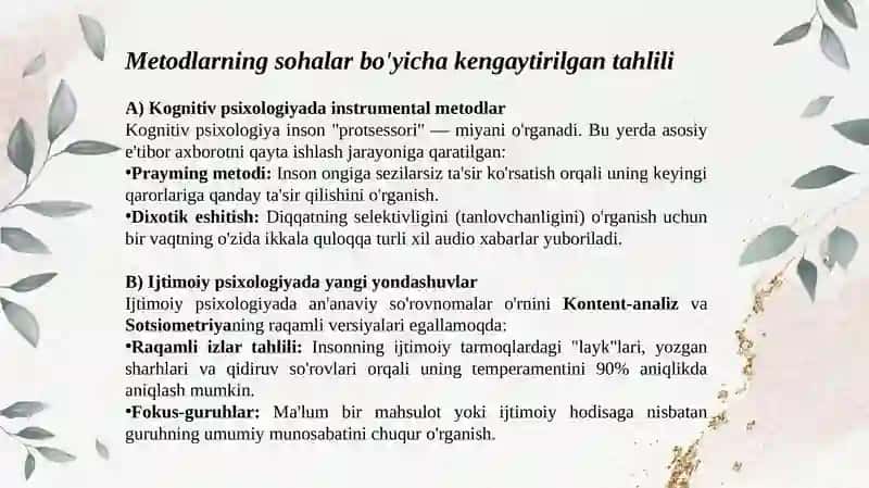 Zamonaviy psixologiya tarmoqlari va dataqiqot metodlarining qo’llanishi 3