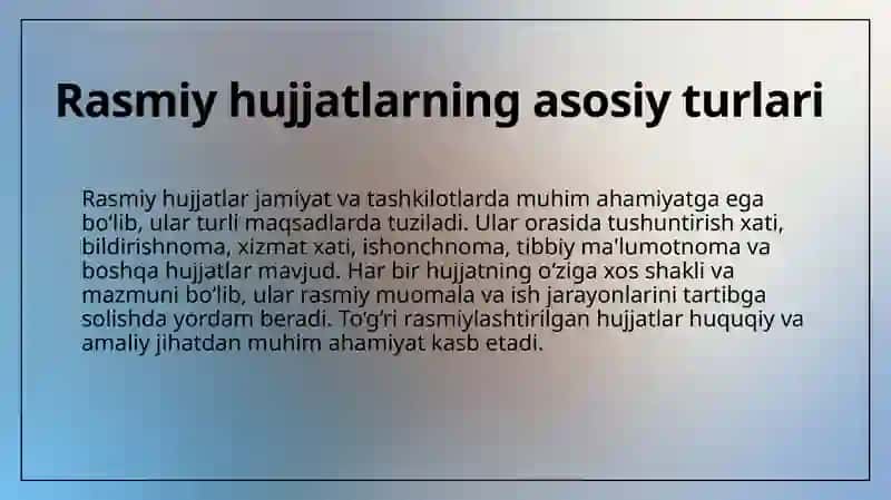 Tushuntirish xati, bildirishnoma va xizmat xatini yozish: Ishonchnoma, tibbiy ma'lumotnoma va boshqa hujjatlarni  rasmiylashtirish 3
