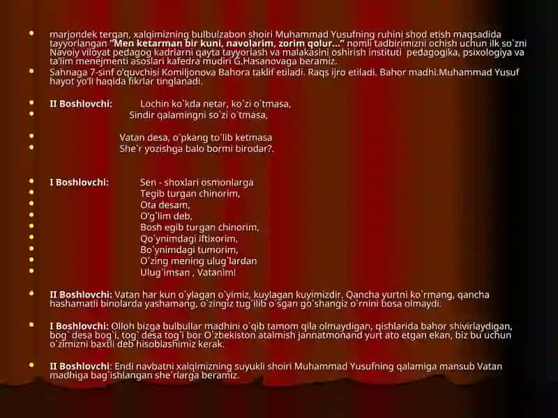 Muhammad Yusuf tavalludida bag`ishlangantadbir ssenariysi 3