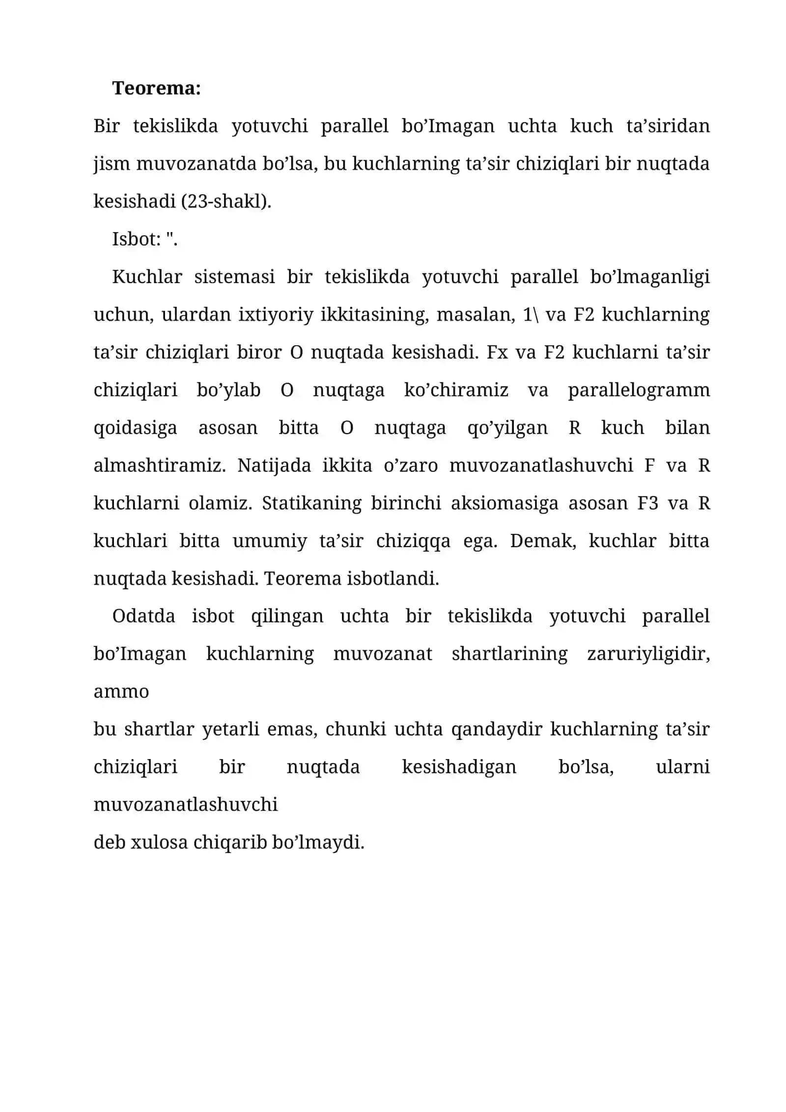 Uch kuchning muvozanati haqida teorema 3