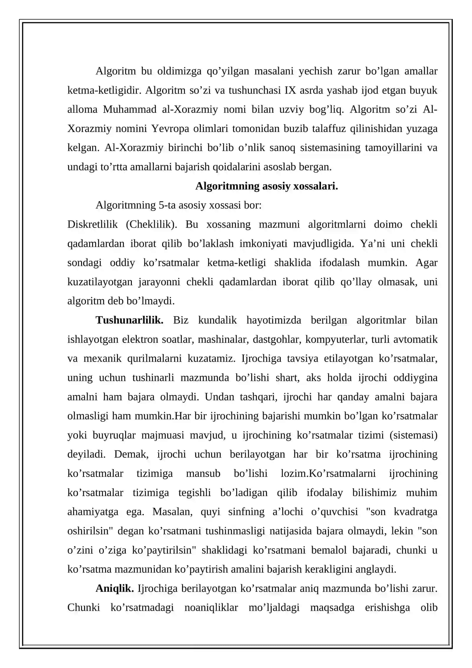 ALGORITMLАR, ULАRNING ХОSSАLАRI. BЕRILISH USULLАRI VА STRUKTURАLАRI MAVZUSIDAGI KURS ISHI 3