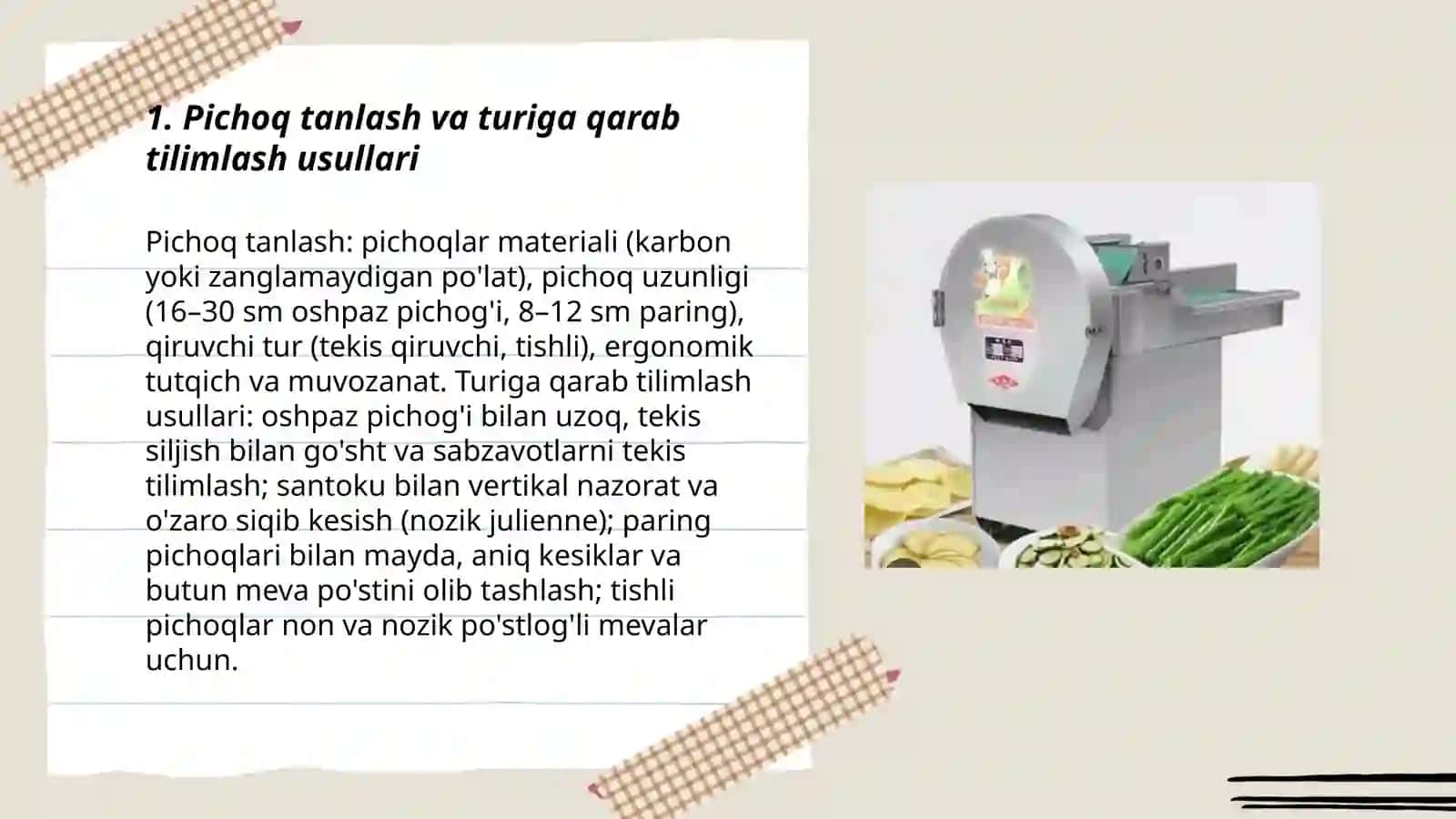 Oziq ovqat mahsulotlarini tilimga kesib tanlash 3