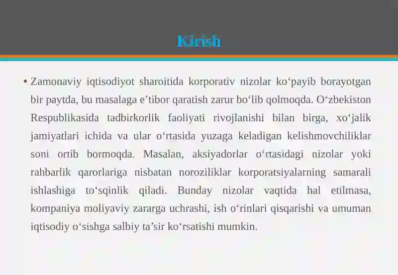 Korporativ nizolar: ulaming turlari, halet ish usullari va shakllari 3