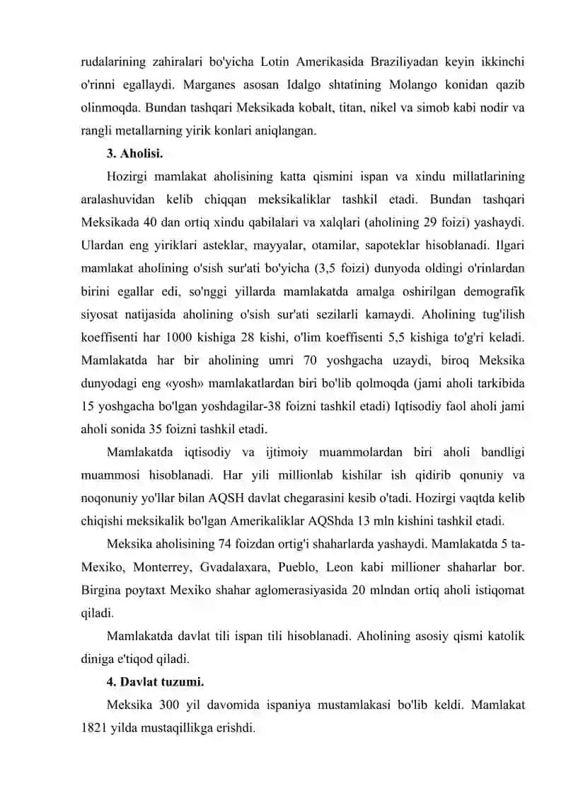 Meksikaning iqtisodiy-geografik o’rni,tabiiy resurslari,aholisi va xo’jaligi. 3
