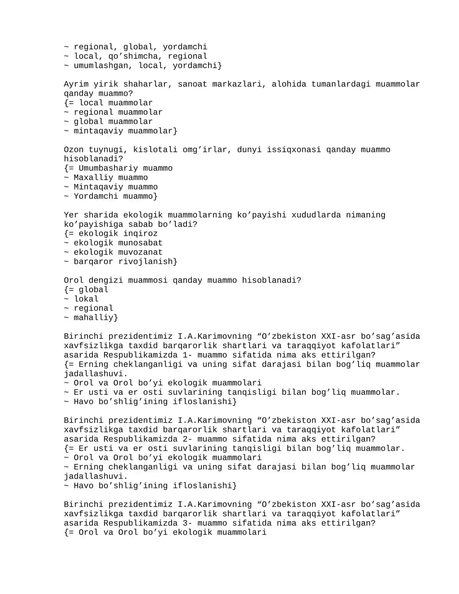 Ekologiya haqida test savollar 3