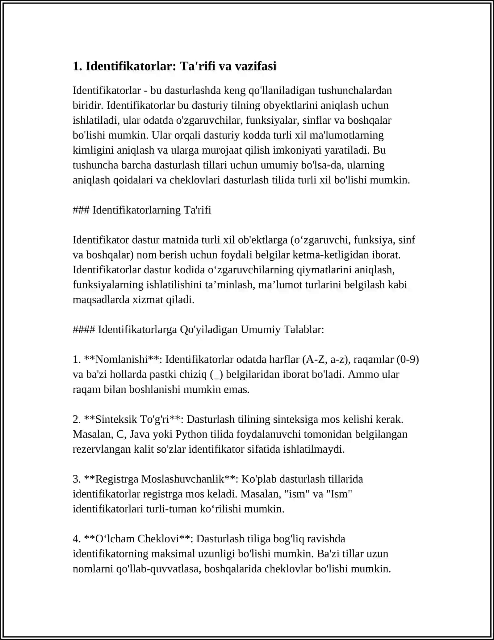 IDENTIFIKATORLAR, OʻZGARUVCHILAR VA BERILGAN TURLARI 3