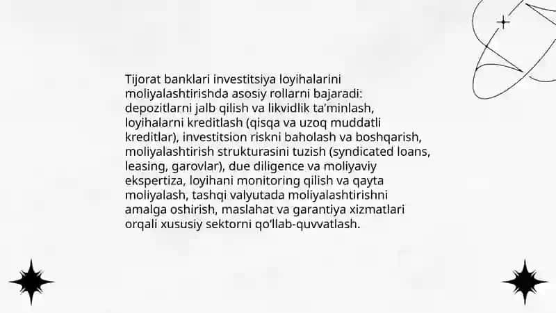 Tijorat banklarining investitsiya loyihalarini moliyalashtirishdagi roli va funksiyalari 3